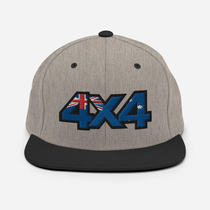 4x4 Australia black snapback front view, black and gray version