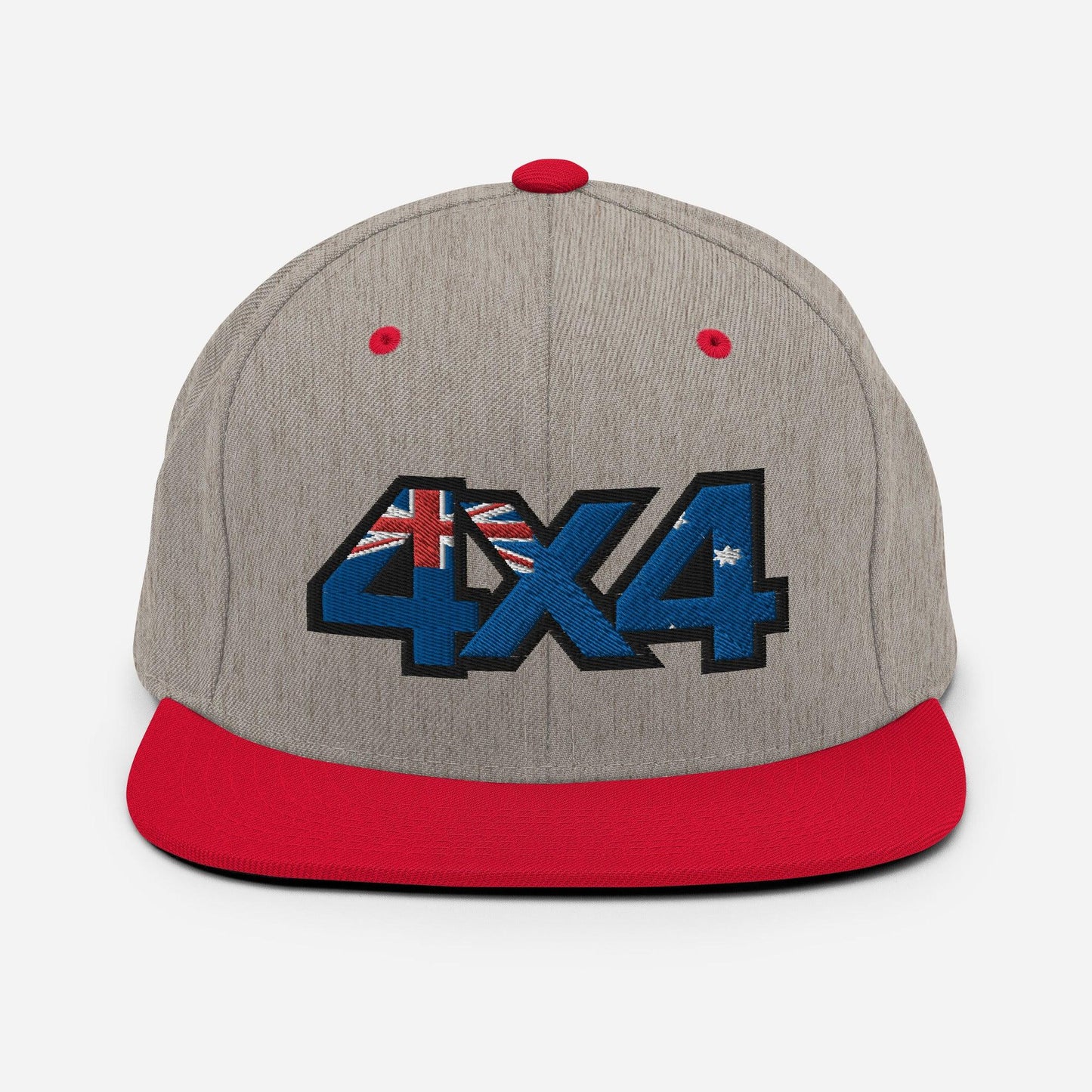 4x4 Australia black snapback front view, red and gray version