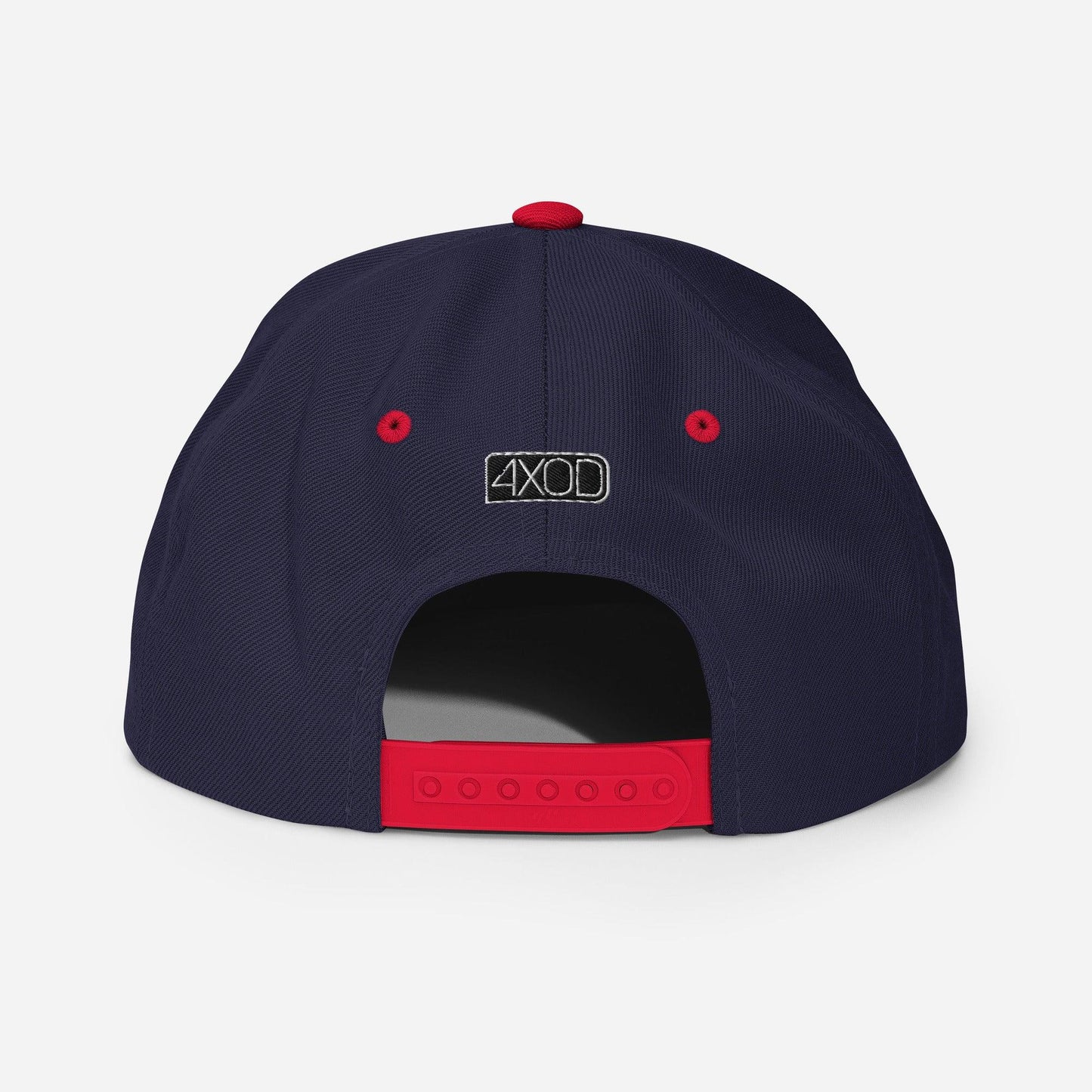 Rear view of navy blue and red cap