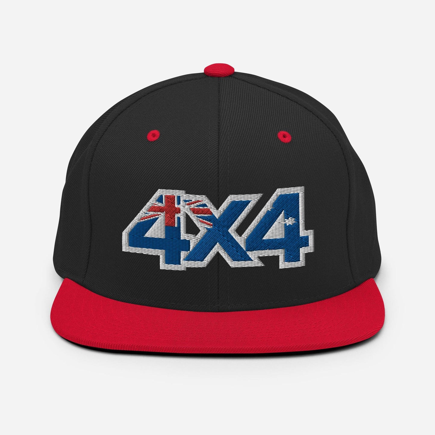 Front view of black and red snapback hat