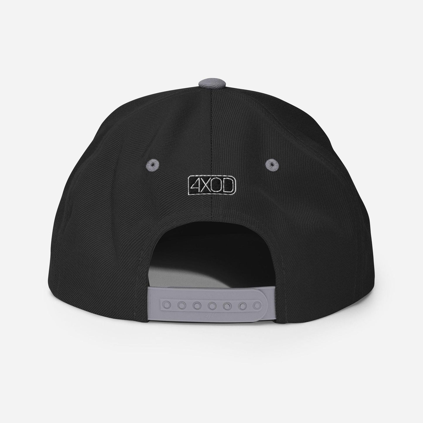 Rear view of black and grey snapback cap