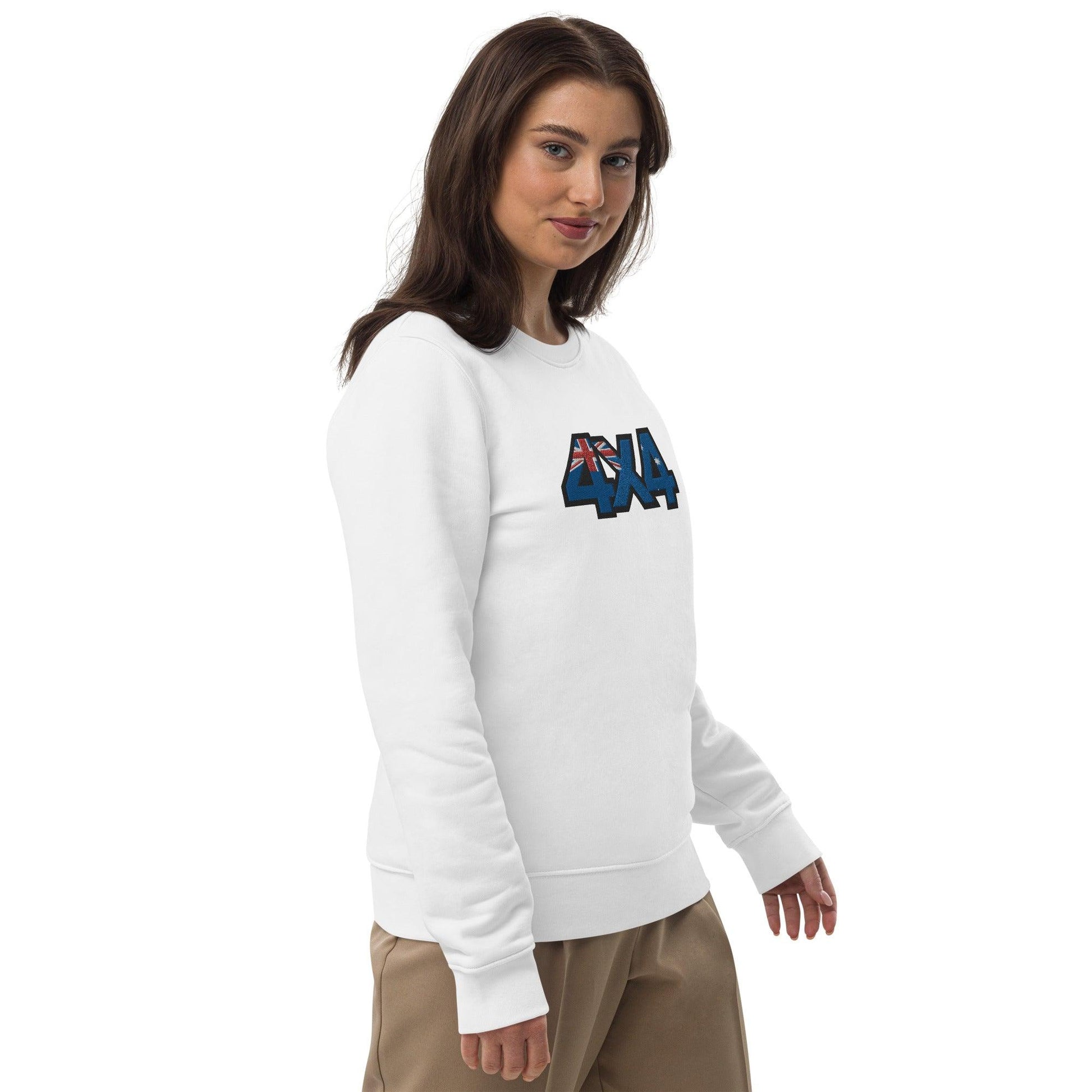 Side view of white 4x4 trail Australia sweatshirt