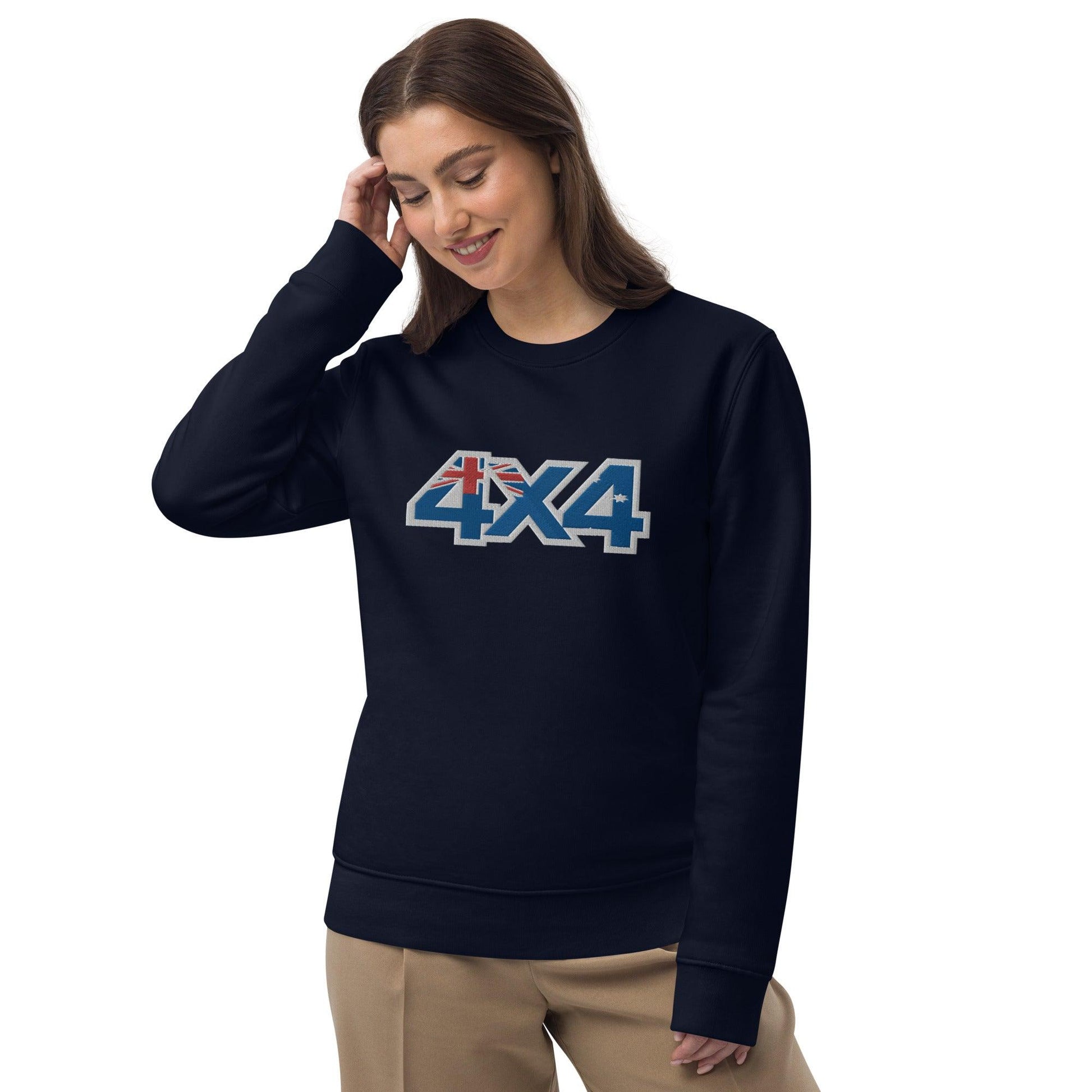 Woman wearing navy blue sweatshirt