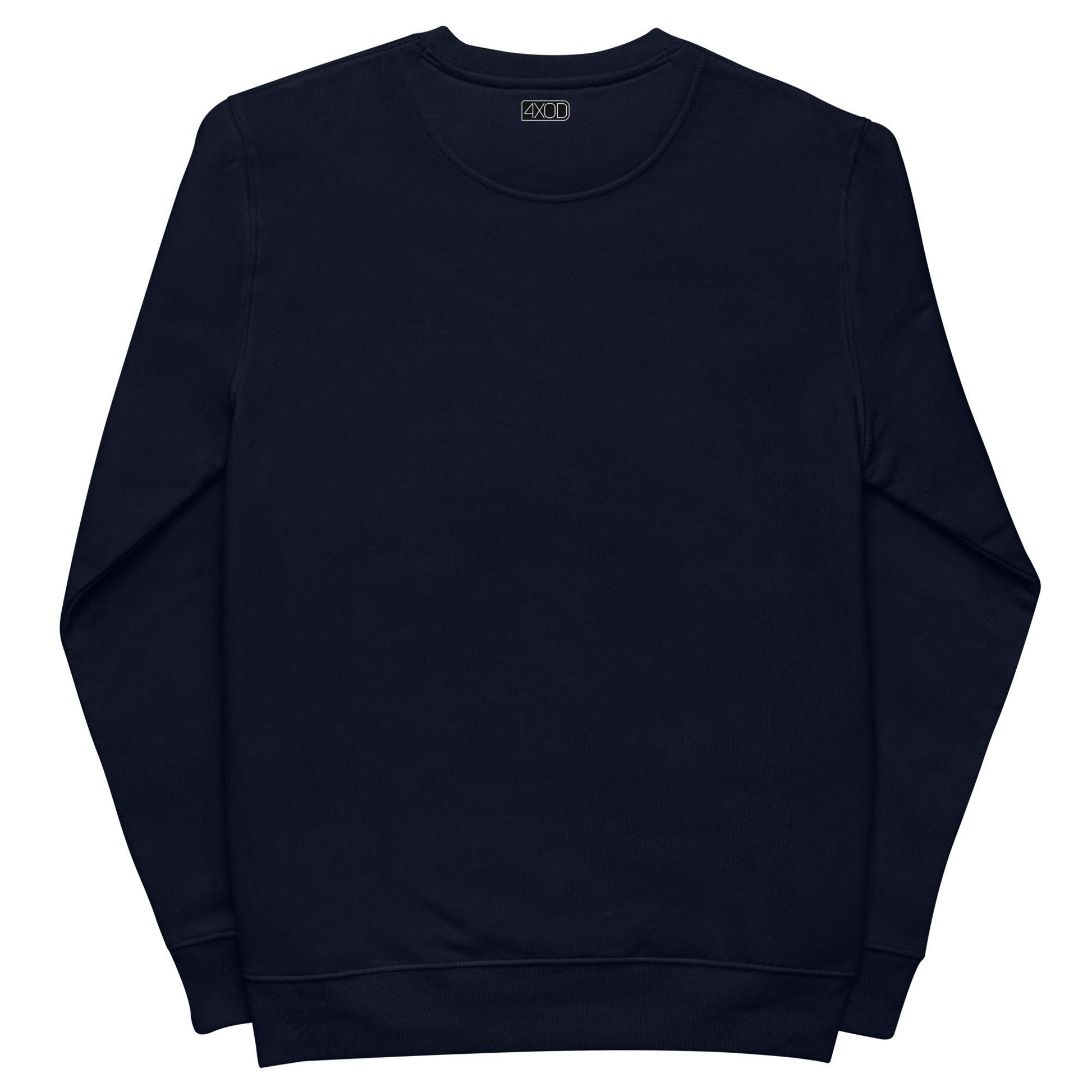 Rear view of navy blue sweatshirt with 4XOD logo