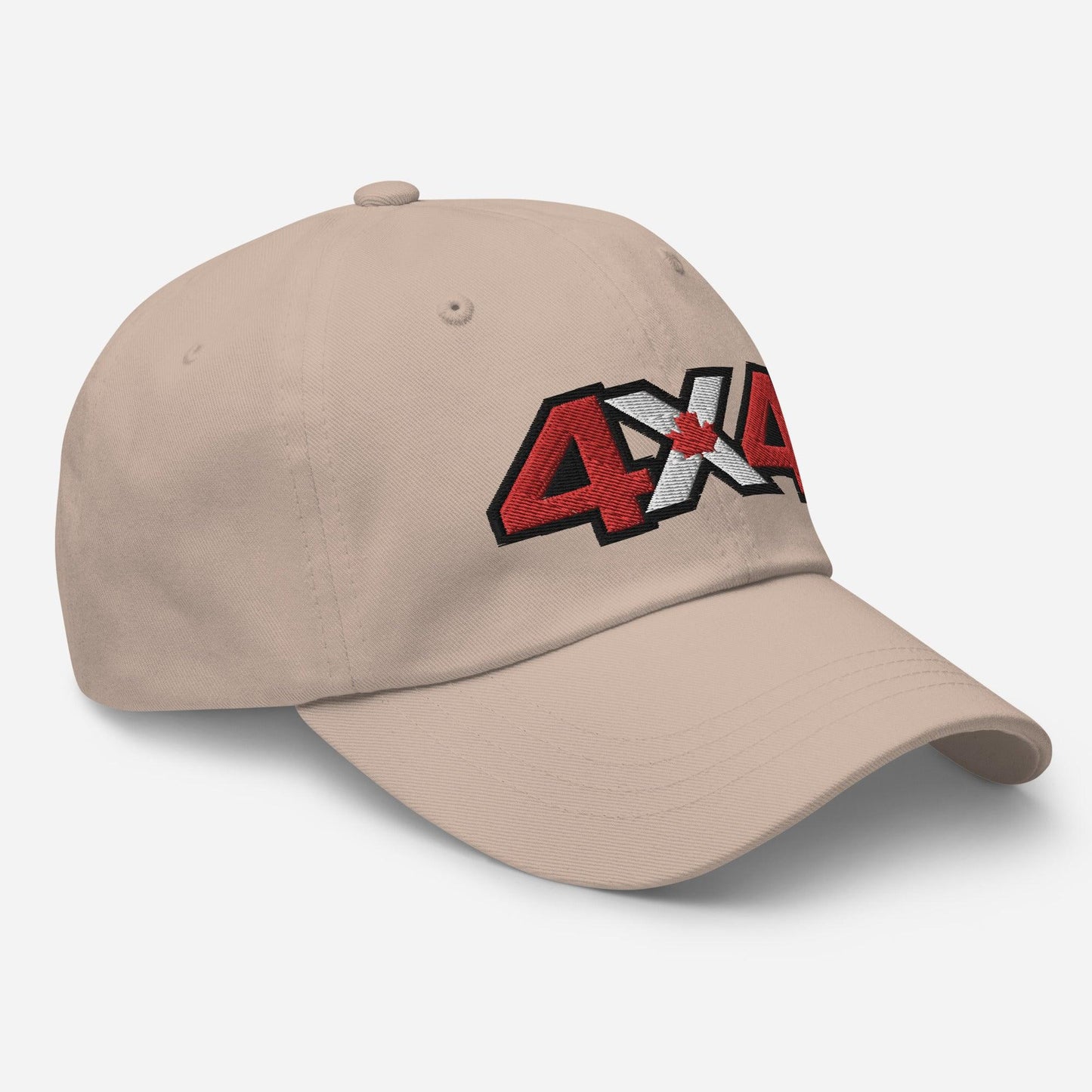 Side view of stone dad hat/baseball cap with Canadian 4x4 embroidery