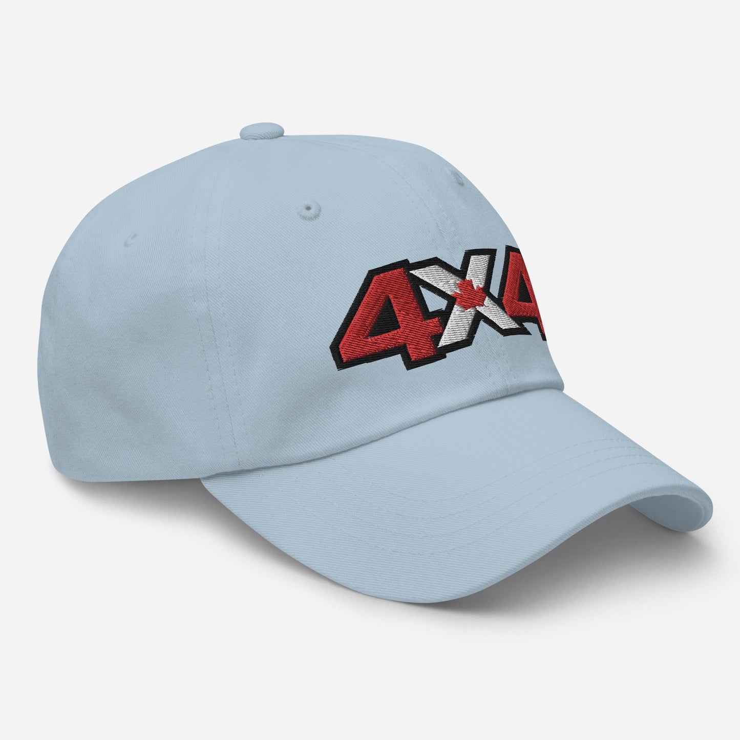 Side view of light blue dad hat/baseball cap with Canadian 4x4 embroidery