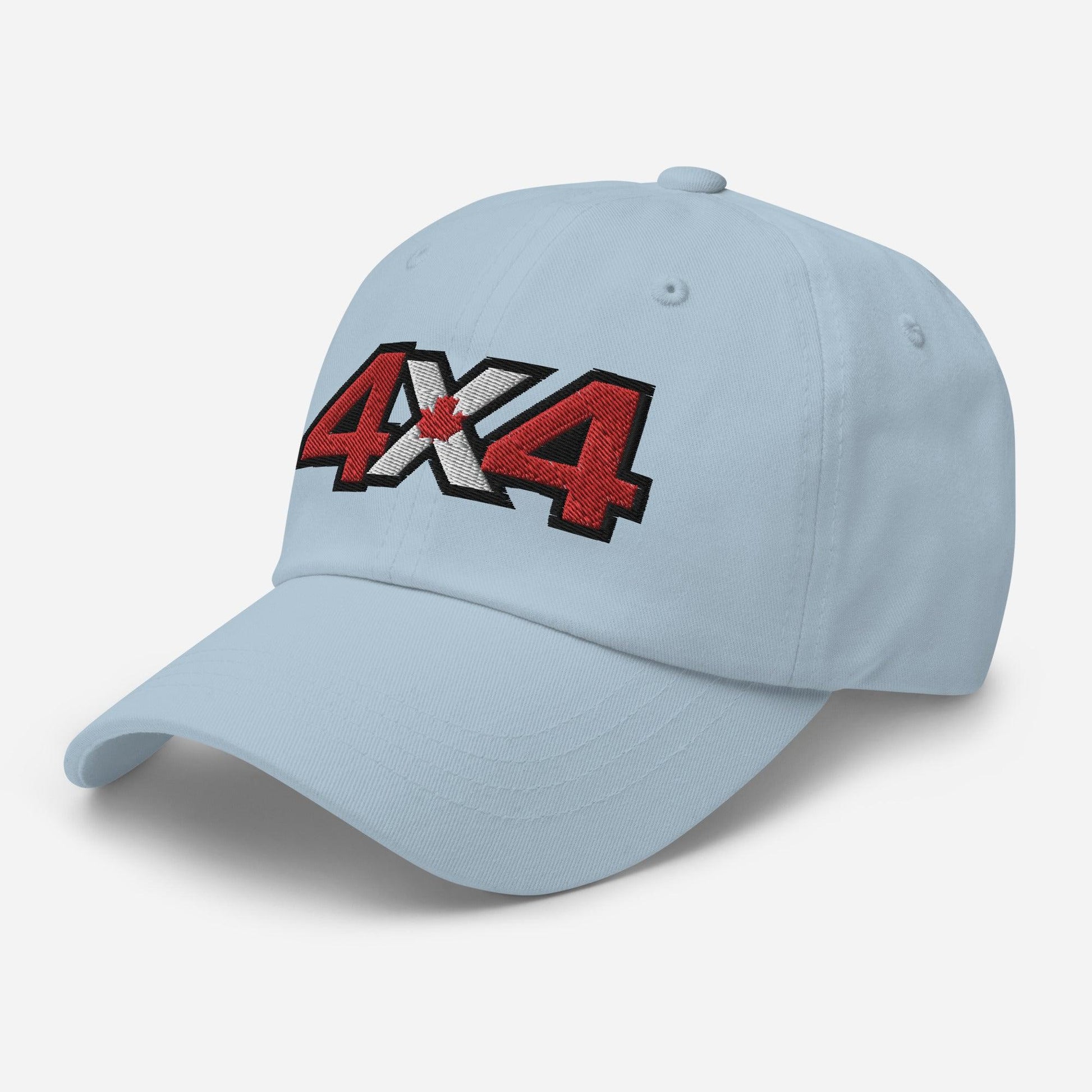 Side view of light blue dad hat/baseball cap with Canadian 4x4 embroidery