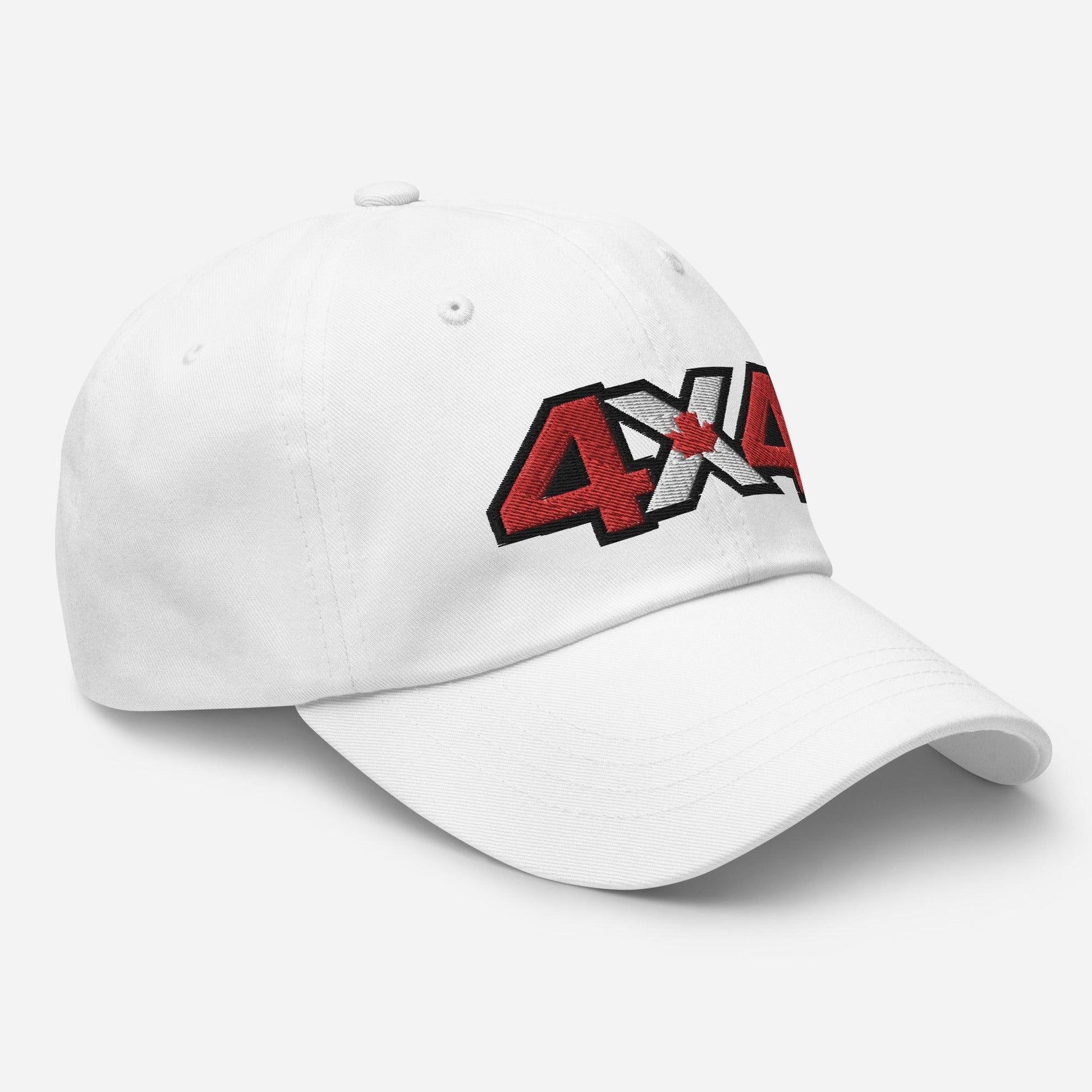 Side view of white dad hat/baseball cap with Canadian 4x4 embroidery