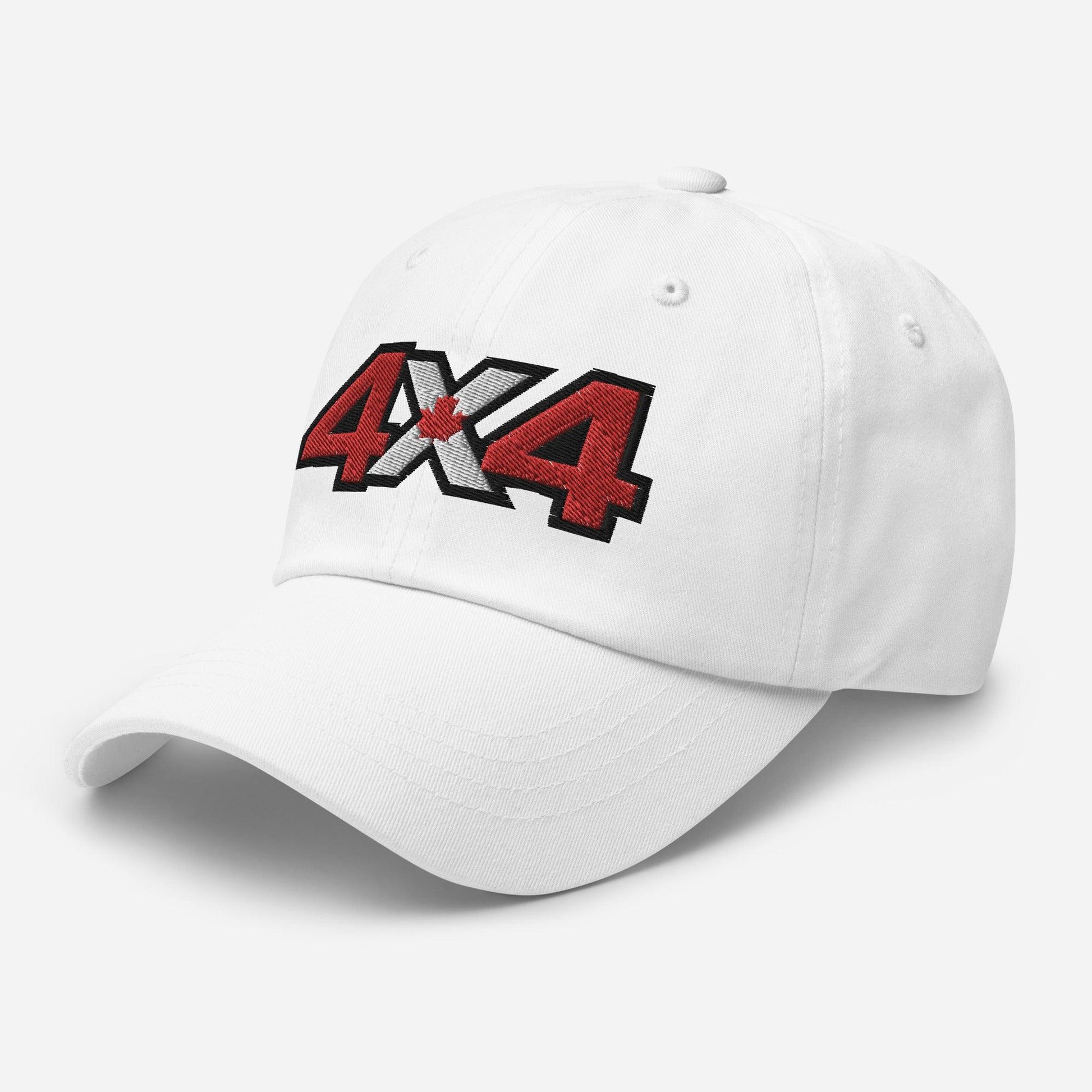 Side view of white dad hat/baseball cap with Canadian 4x4 embroidery