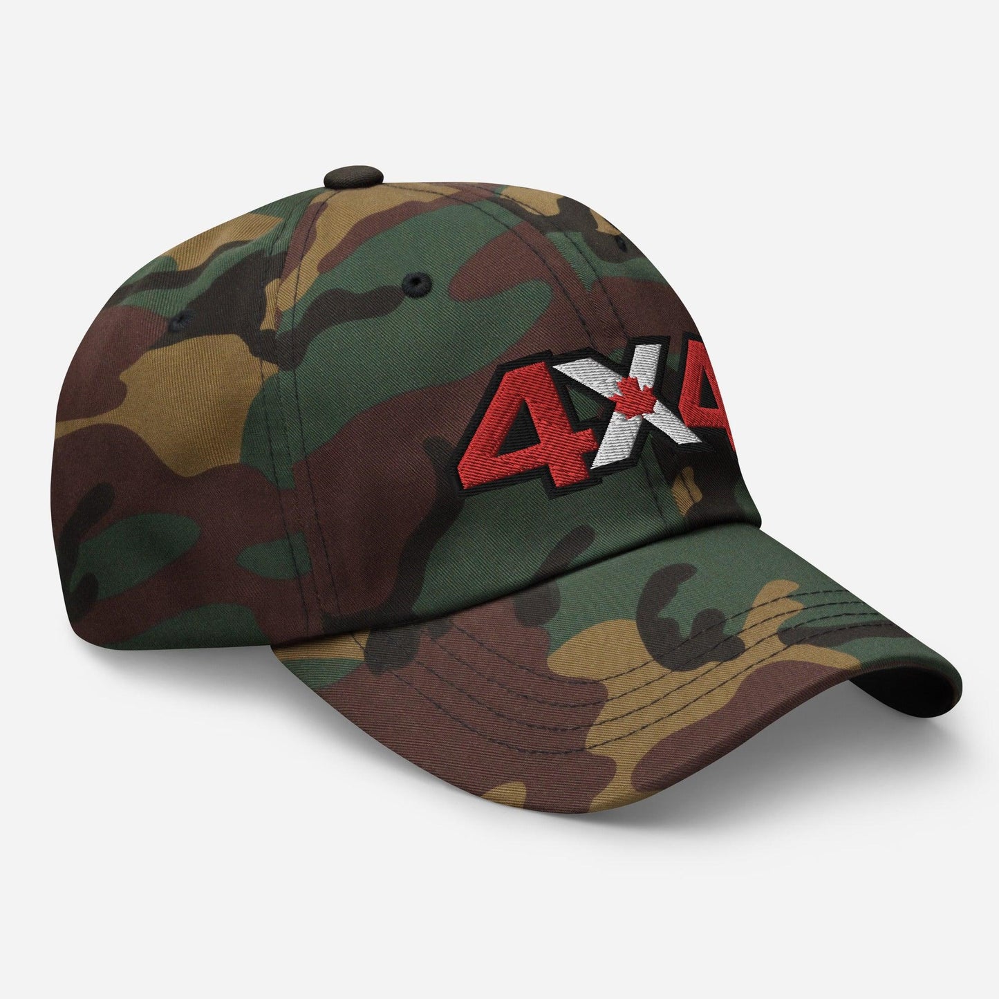 Side view of camo dad hat/baseball cap with Canadian 4x4 embroidery