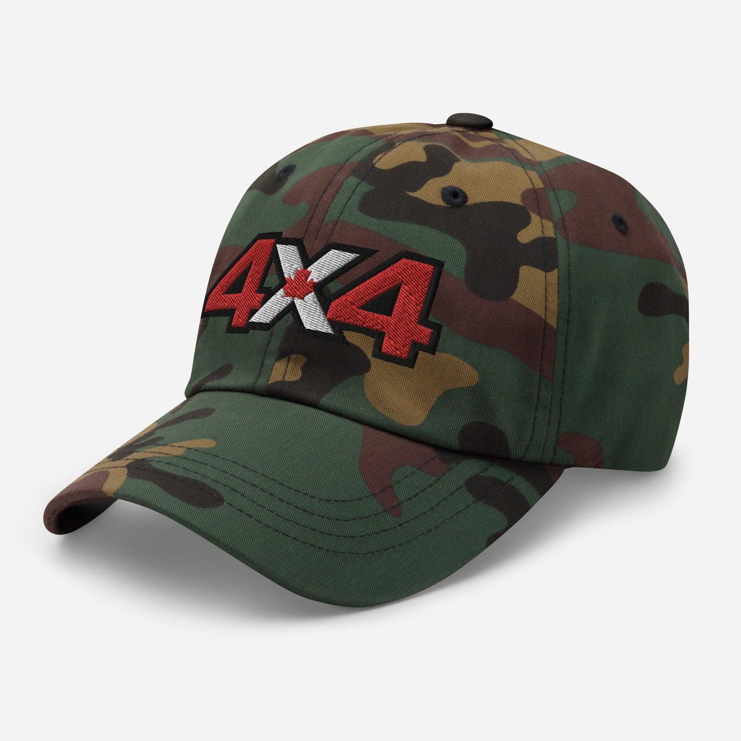 Side view of camo dad hat/baseball cap with Canadian 4x4 embroidery