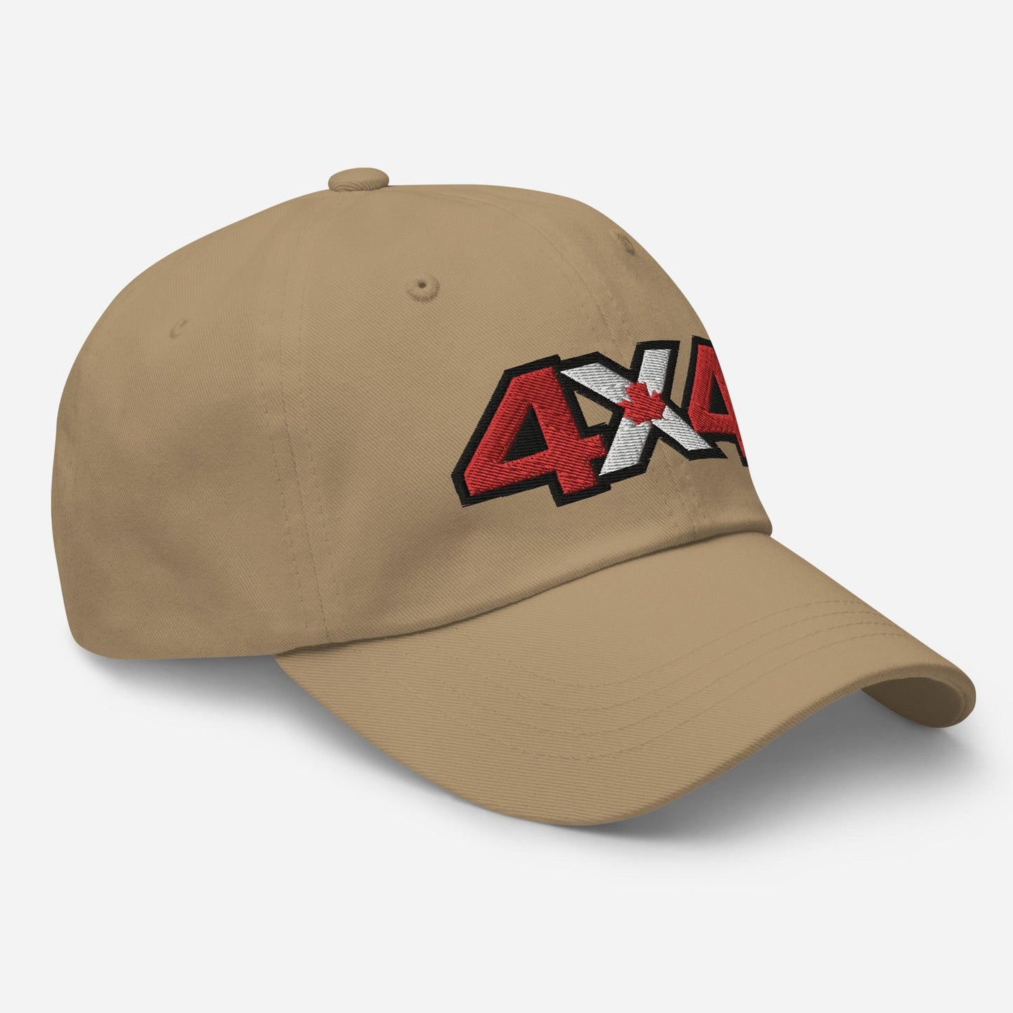 Side view of khaki dad hat/baseball cap with Canadian 4x4 embroidery