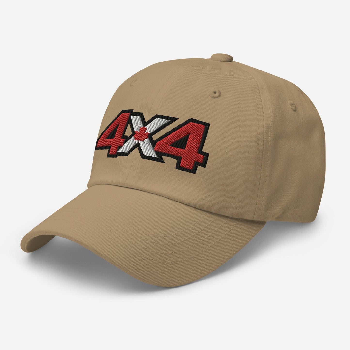 Side view of khaki dad hat/baseball cap with Canadian 4x4 embroidery