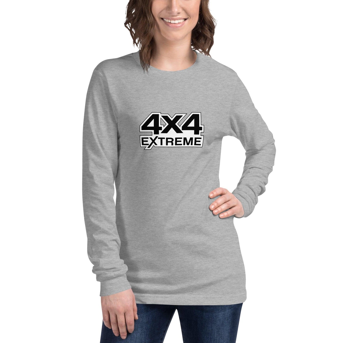 Woman wearing the unisex long sleeve tee in athletic heather with a black and white 4x4 Extreme print on the front