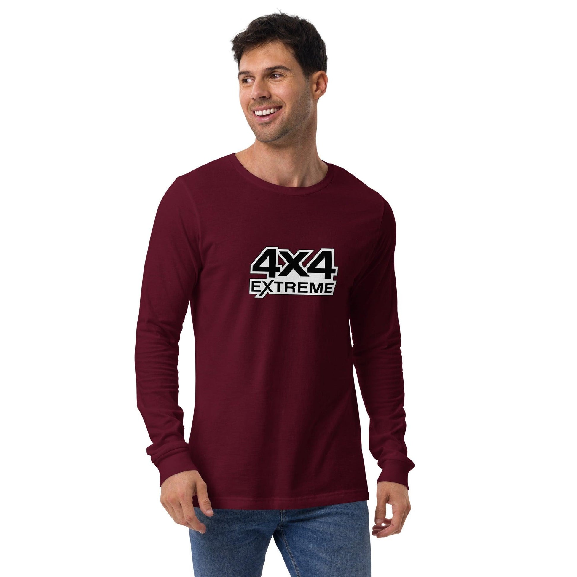 Man wearing the unisex long sleeve tee in maroon