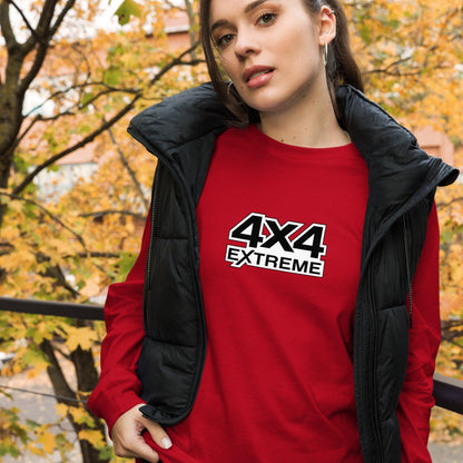 Woman wearing the unisex long sleeve tee in red