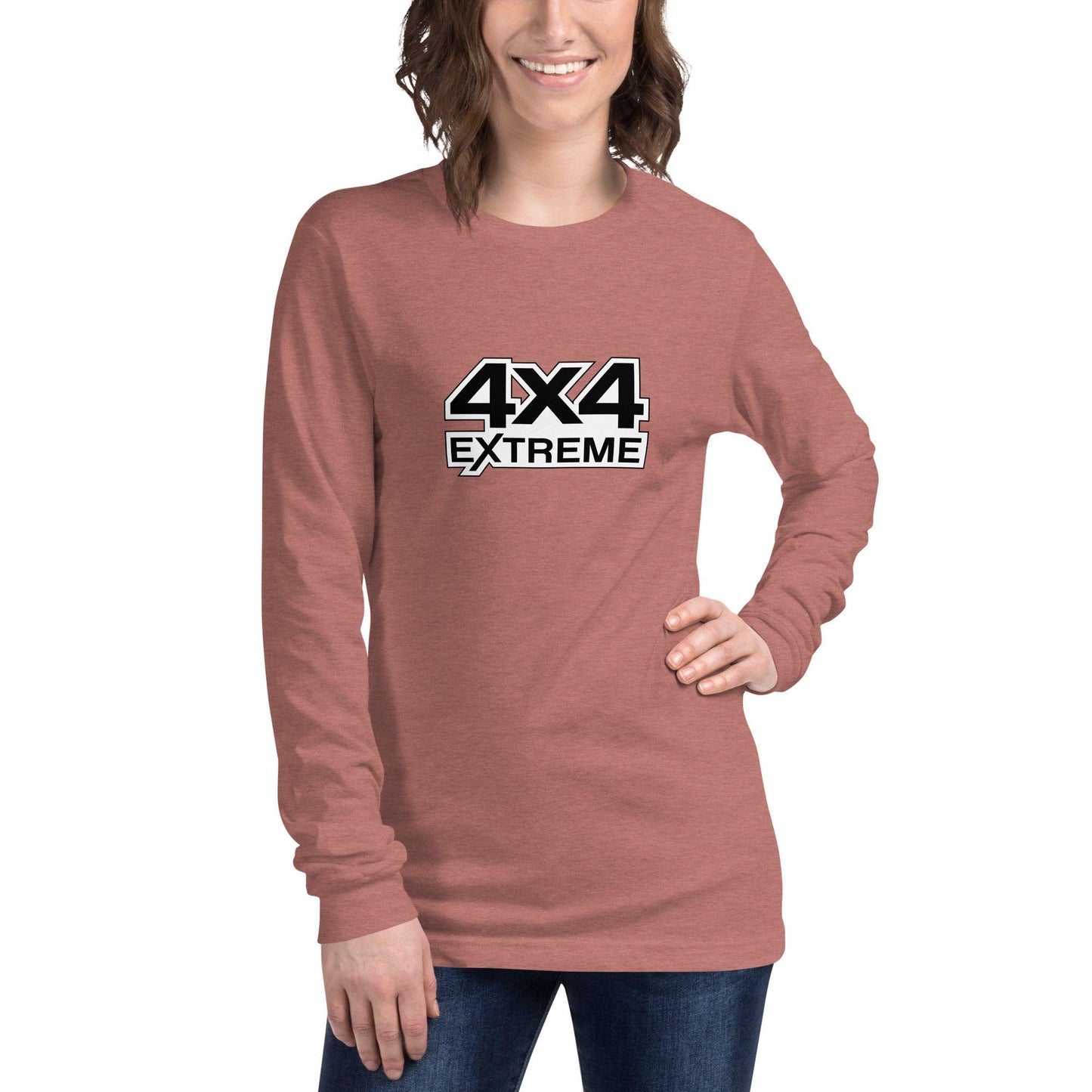 Woman wearing the unisex long sleeve tee in mauve with a 4x4 extreme print on the front