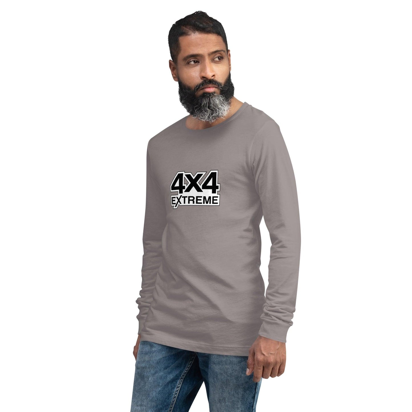 Left front view of a man wearing the unisex long sleeve tee in storm