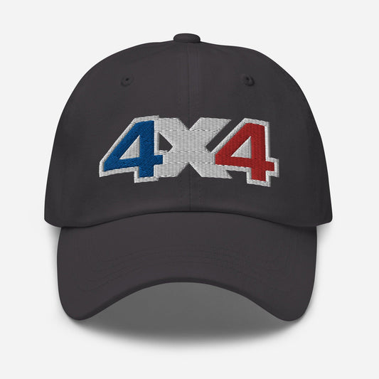 Front view of a dark grey baseball cap/dad har with a 4x4 France embroidery