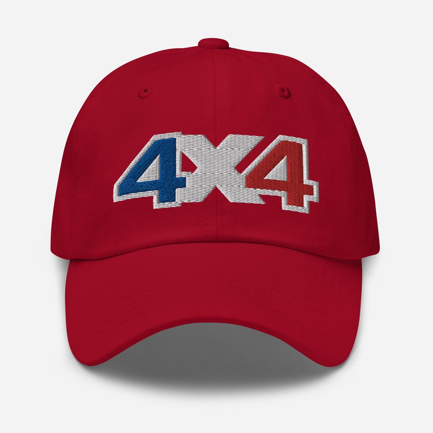 Front view of a red baseball cap/dad har with a 4x4 France embroidery