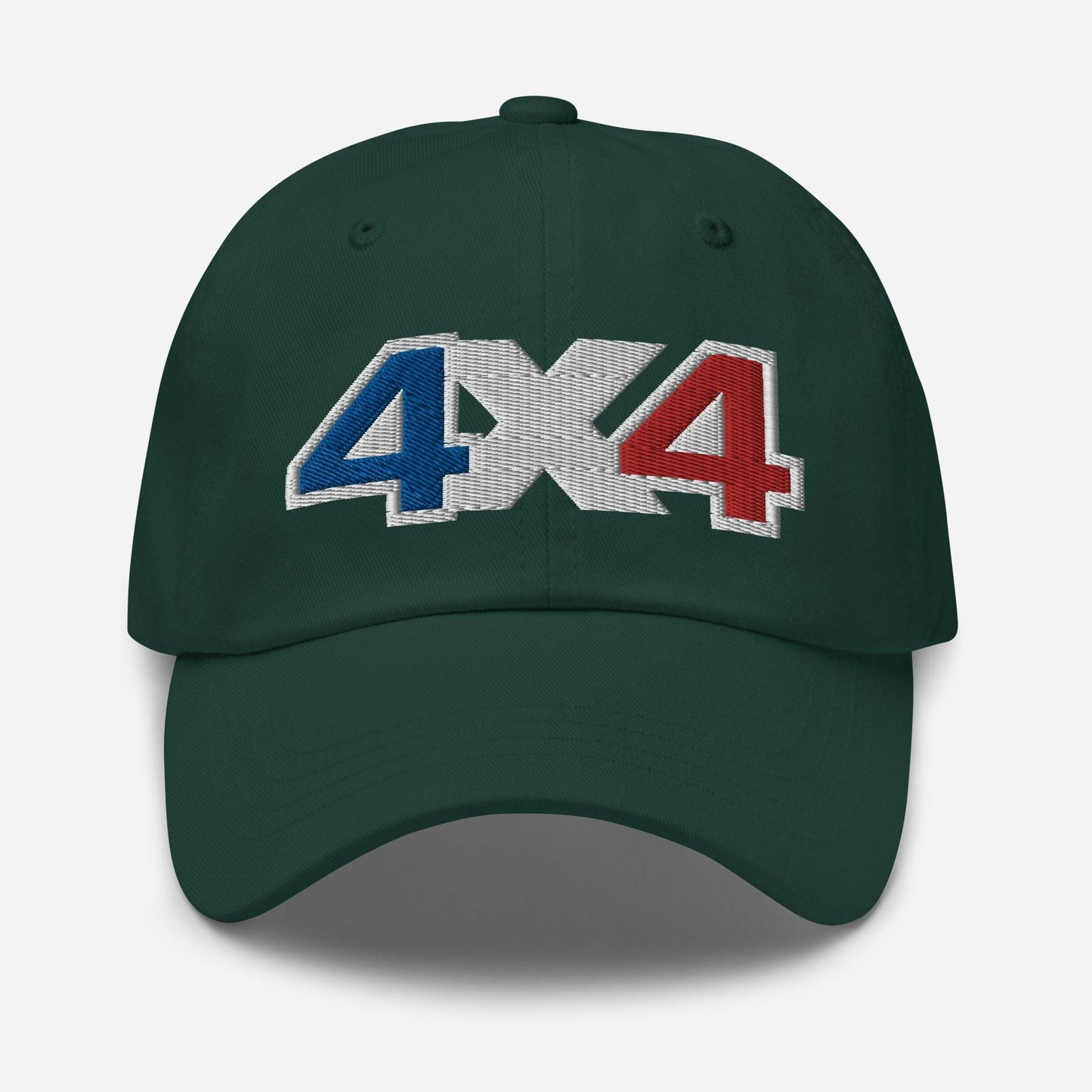 Front view of a spruce green baseball cap/dad har with a 4x4 France embroidery