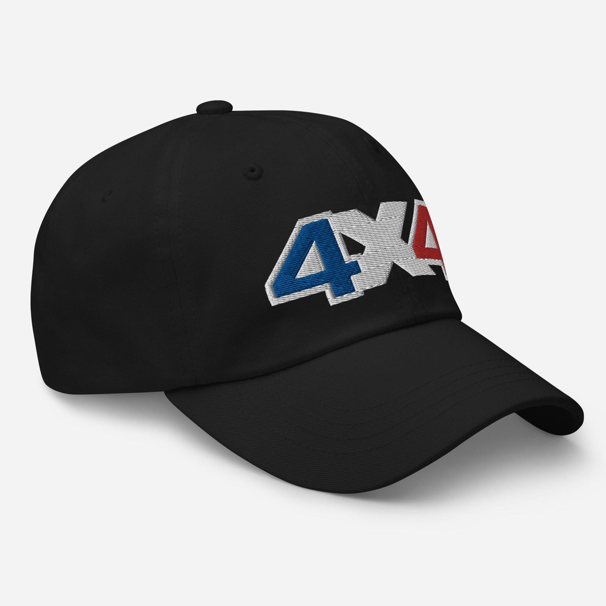 Side view of a black ball cap/hat with embroidery