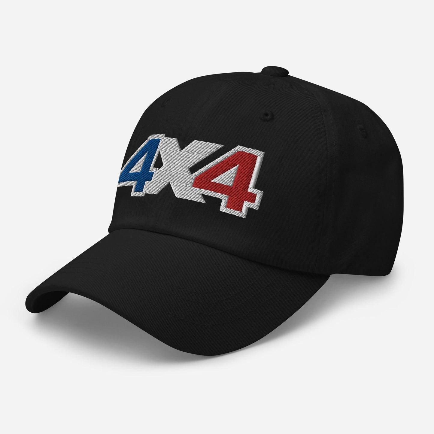 Side view of a black ball cap/hat with embroidery