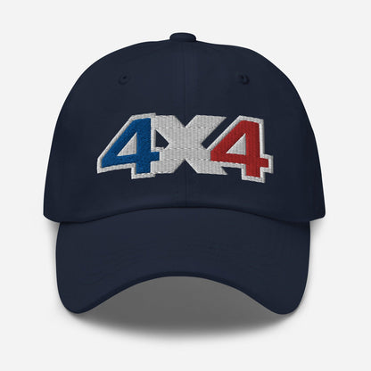 Front view of a navy blue baseball cap/dad har with a 4x4 France embroidery