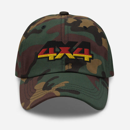 Front view of camo baseball cap/dad hat with 4x4 Germany embroidery