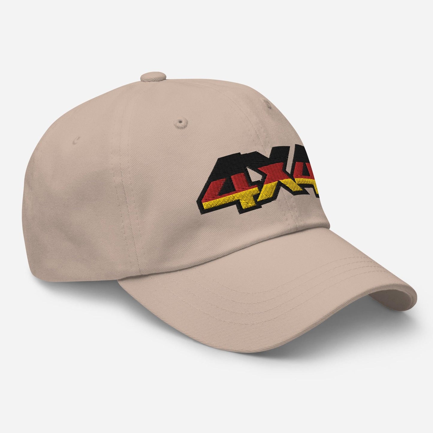 Side view of a stone ball cap/dad hat with 4x4 embroidery on the front