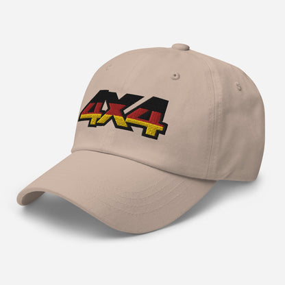 Side view of a stone ball cap/dad hat with 4x4 embroidery on the front