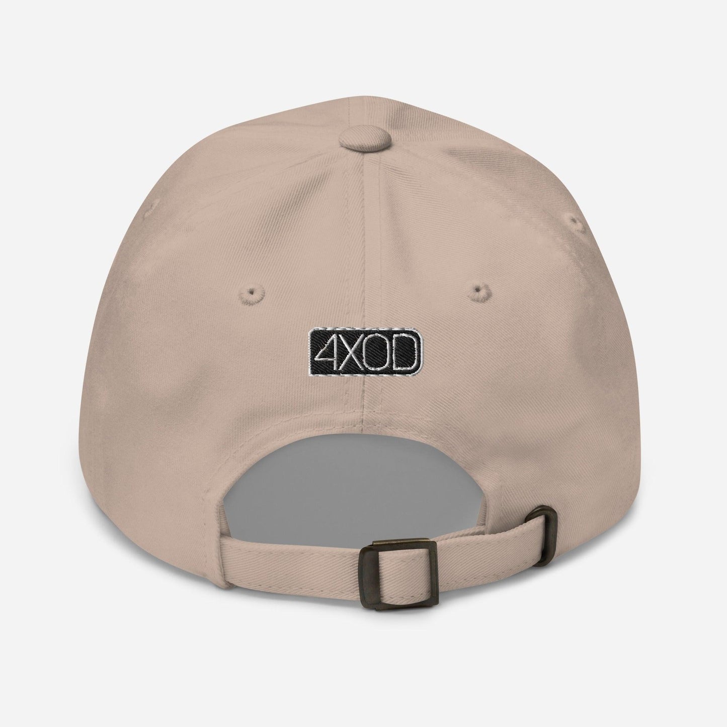 Rear view of a stone ball cap/dad hat with 4x4 embroidery on the front