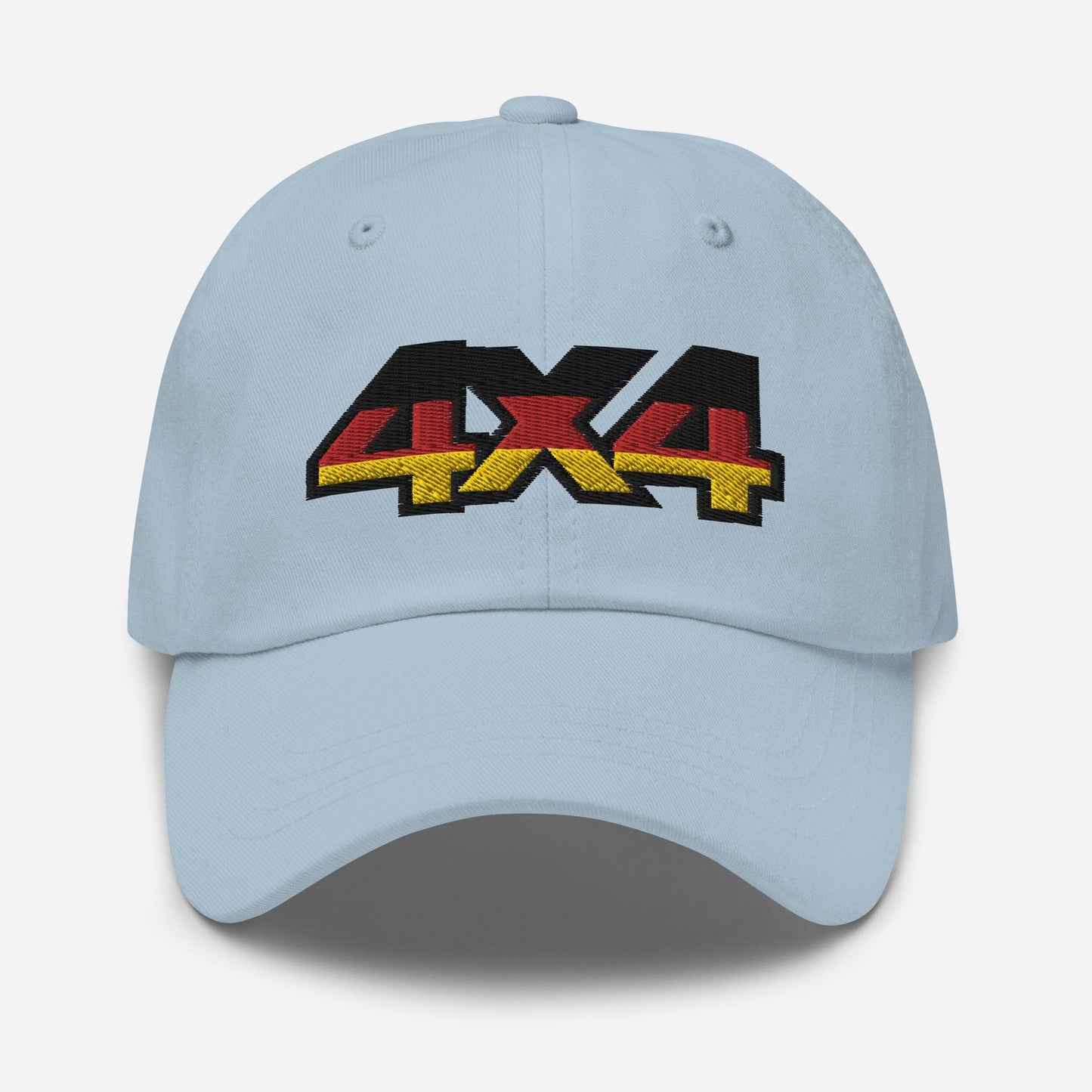 Front view of a light blue baseball cap/dad hat with 4x4 Germany embroidery