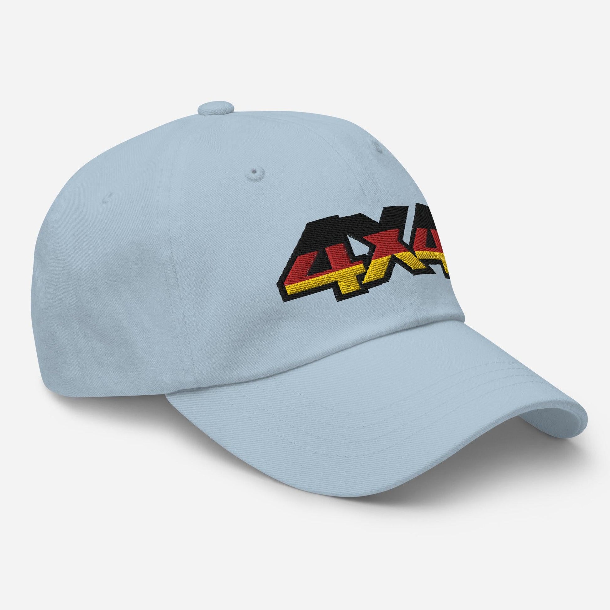 Side view of a light blue ball cap/dad hat with 4x4 embroidery on the front