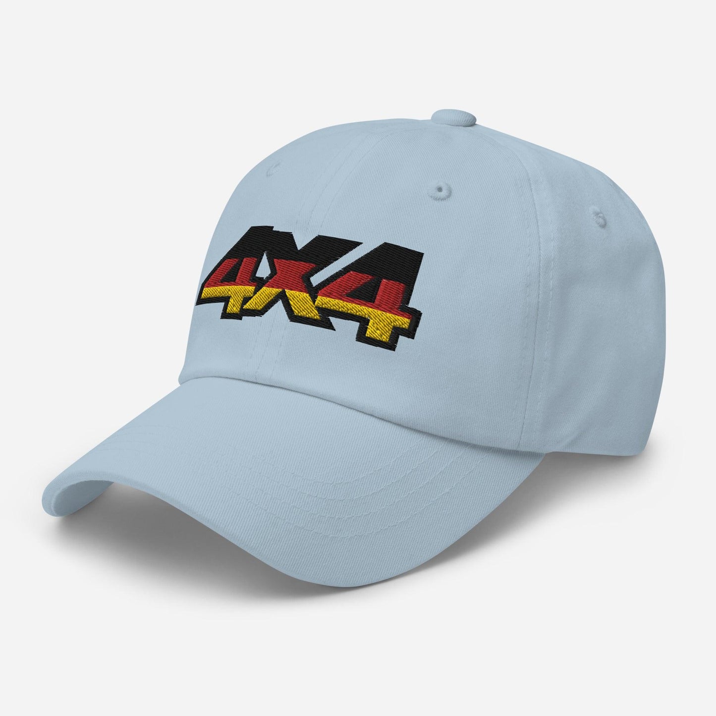 Side view of a light blue ball cap/dad hat with 4x4 embroidery on the front