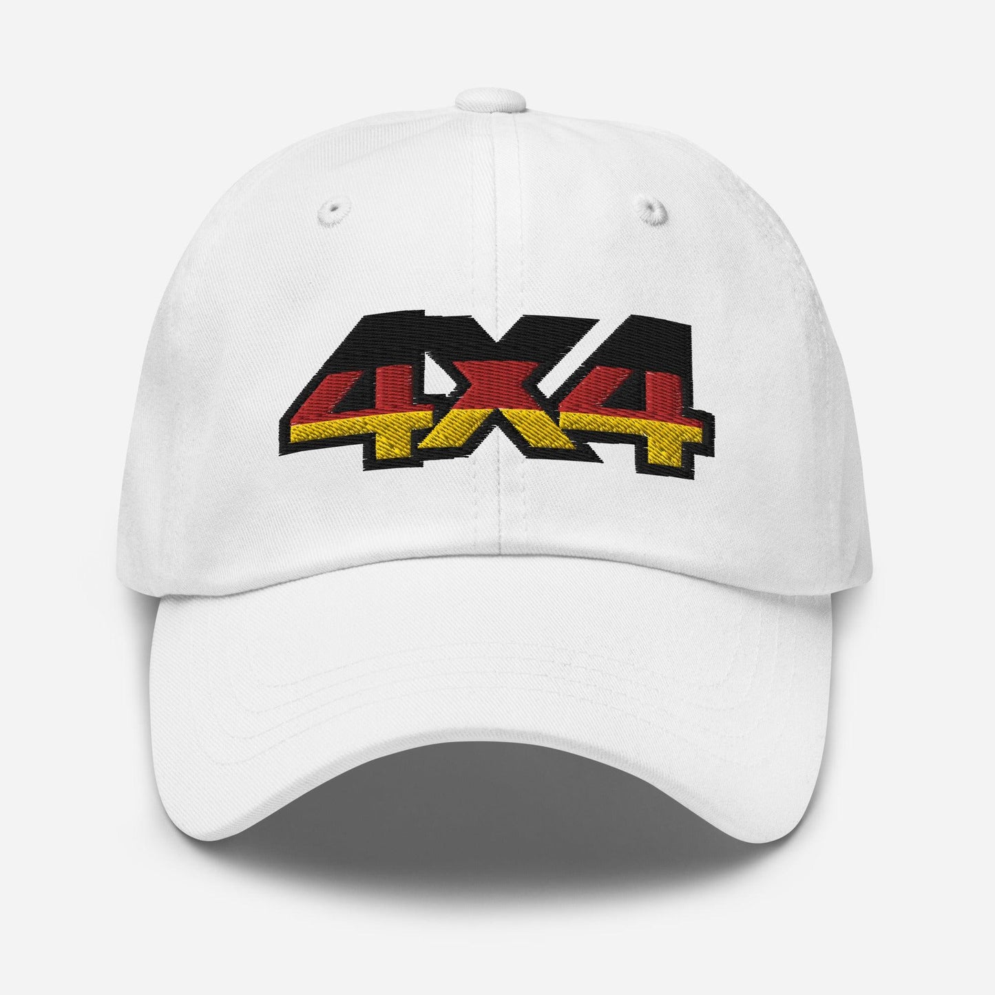 Front view of a white baseball cap/dad hat with 4x4 Germany embroidery