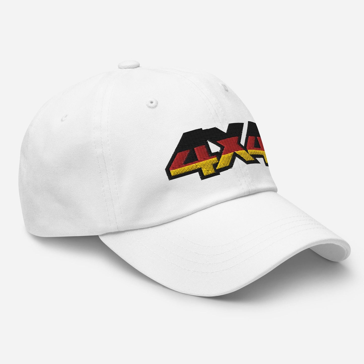 Side view of a white ball cap/dad hat with 4x4 embroidery on the front