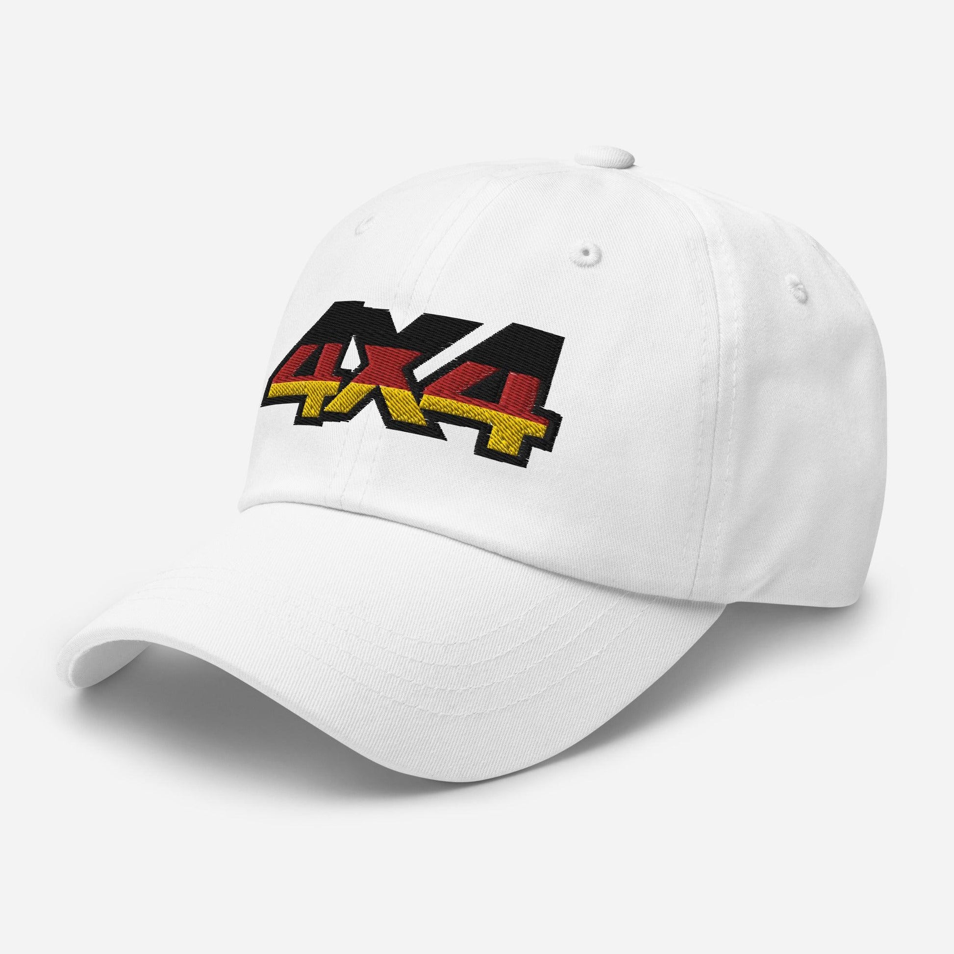 Side view of a white ball cap/dad hat with 4x4 embroidery on the front