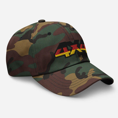 Side view of a camo ball cap/dad hat with 4x4 embroidery on the front