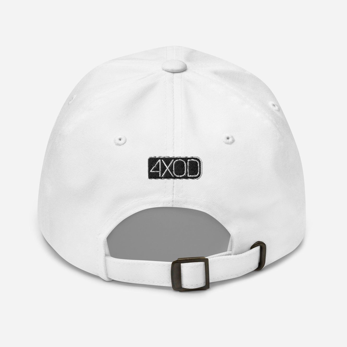 Rear view of a white ball cap/dad hat with 4x4 embroidery on the front