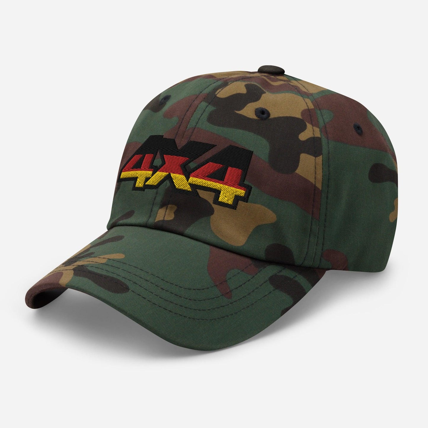 Side view of a camo ball cap/dad hat with 4x4 embroidery on the front