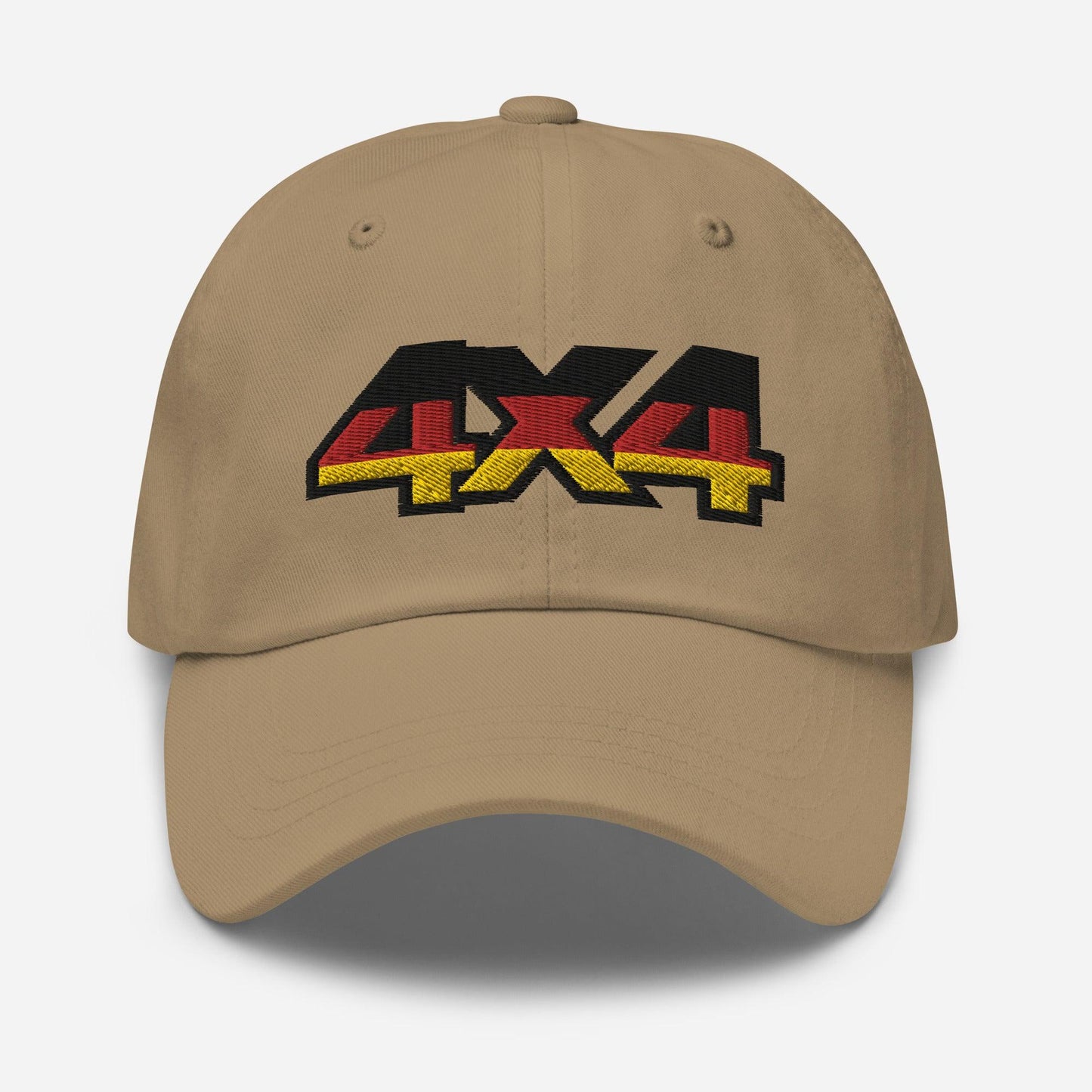 Front view of a khaki baseball cap/dad hat with 4x4 Germany embroidery