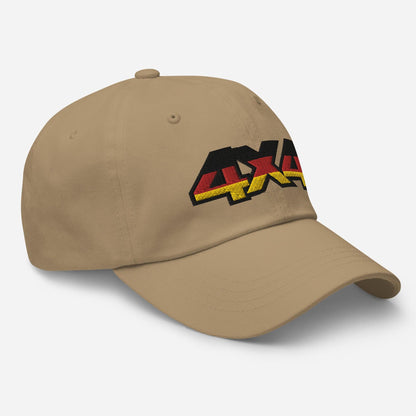 Side view of a khaki ball cap/dad hat with 4x4 embroidery on the front