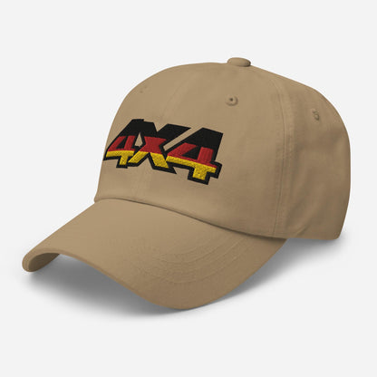 Side view of a khaki ball cap/dad hat with 4x4 embroidery on the front