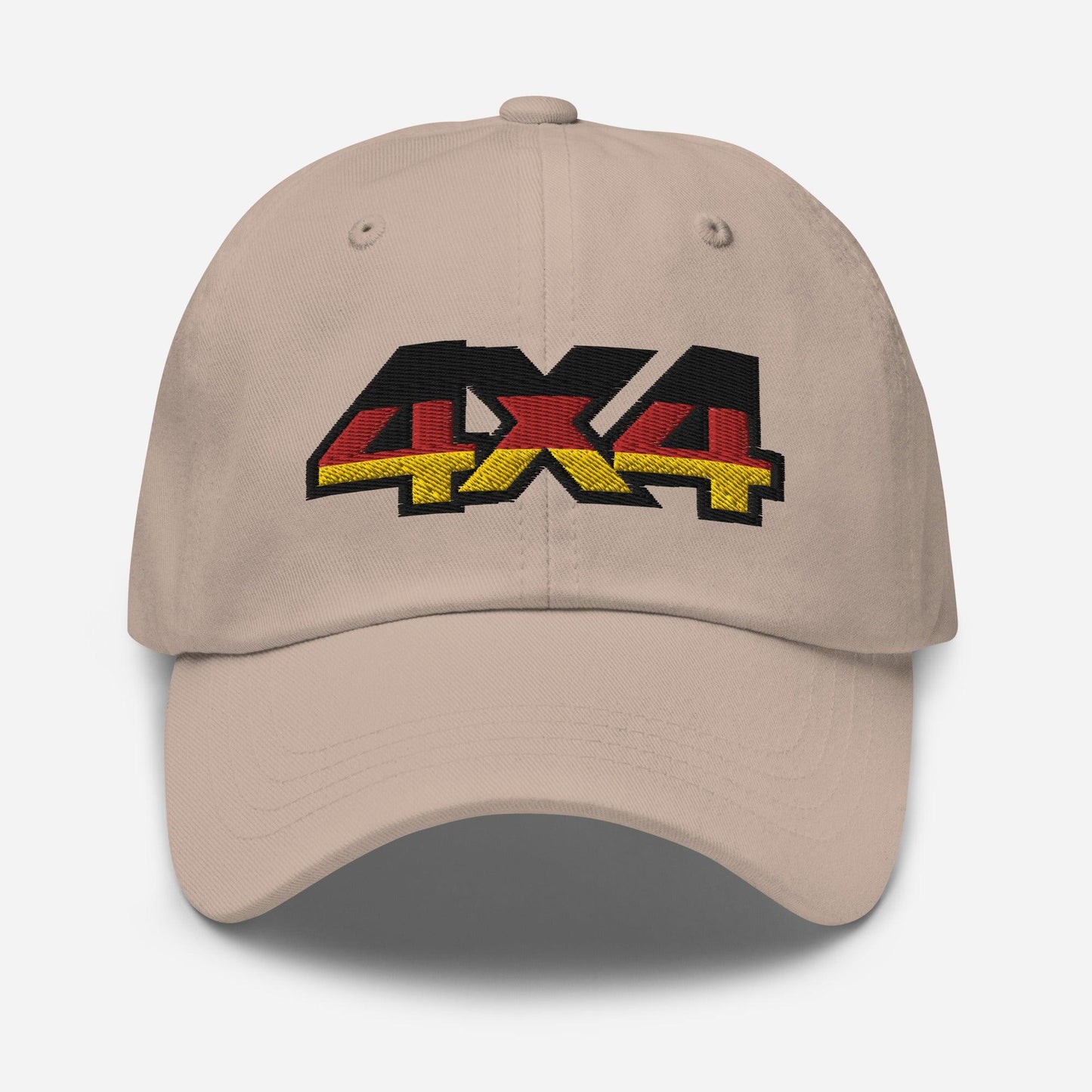 Front view of a stone baseball cap/dad hat with 4x4 Germany embroidery