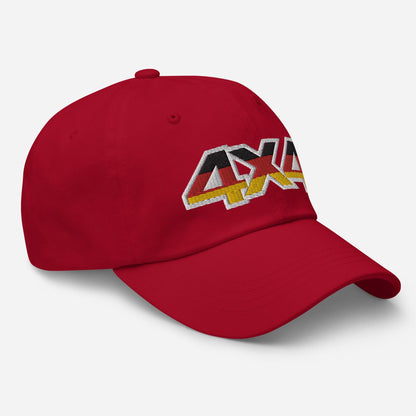 Side view of a red ball cap/dad hat with an embroidery