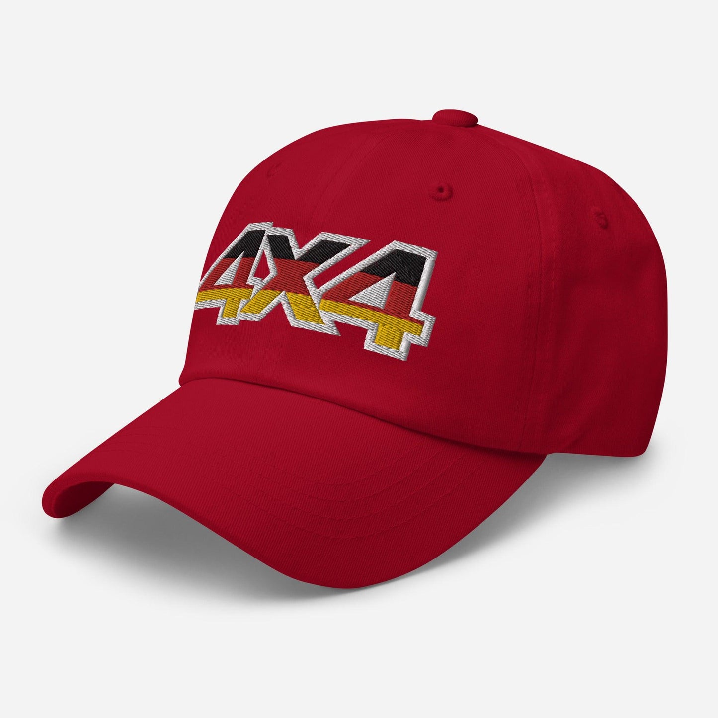 Side view of a red ball cap/dad hat with an embroidery