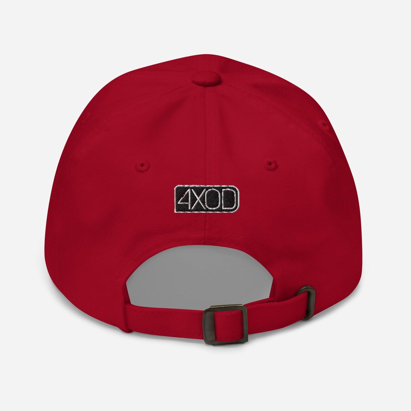 Rear view of a red ball cap/dad hat with an embroidery