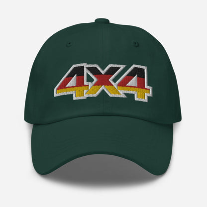 Front view of a spruce green baseball cap/dad hat with a 4x4 Germany embroidery