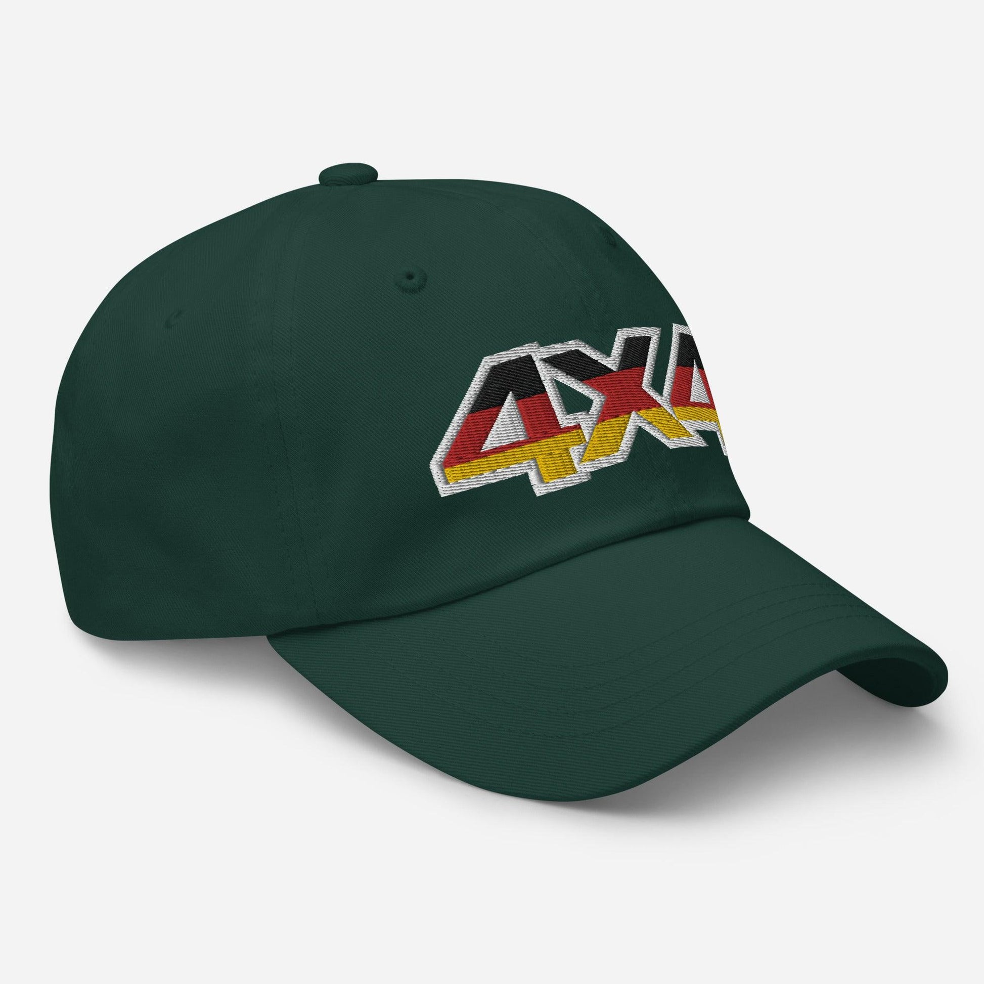 Side view of a spruce green ball cap/dad hat with an embroidery